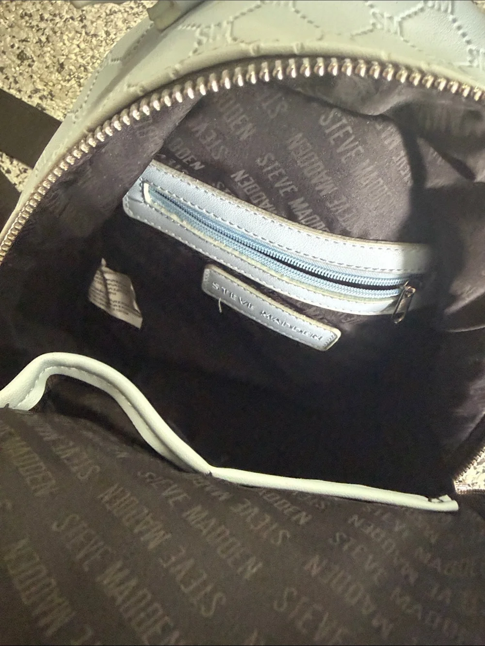 Steve Madden Quilted Mini Backpack - Pale Blue with Black Straps